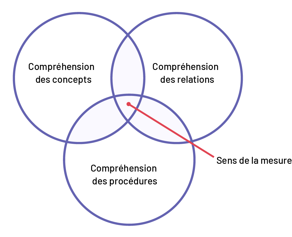 Diagramme de Venn fait à partir de 3 cercles.La partie commune aux 3 cercles est le sens de la mesure. Le cercle un : compréhension des concepts.Cercle 2 : compréhension des relations.Cercle 3 : compréhension des procédures.